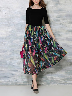 Black Colorful Chiffon Knitted Printed Linking Contrast Slim Full Skirt Midi Plus Size Dress for Casual Party Evening