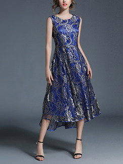 Blue Plus Size Slim A-Line Lace Asymmetrical Hem Midi Dress for Party Evening Semi Formal