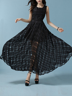 Black Slim Plus Size Full Skirt Chiffon Grid See-Through Maxi Dress for Semi Formal Cocktail