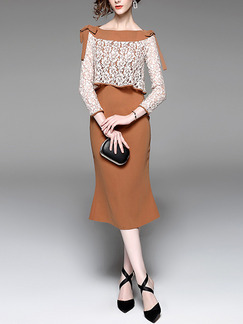 Brown and White Seem-Two Slim Fishtail Over-Hip Lace Butterfly Knot Contrast Linking Furcal Plus Size Midi Dress for Office Evening Semi Formal Cocktail