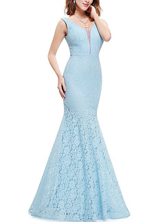 Blue Lace Plus Size Over-Hip Fishtail V Neck Open Back Maxi Dress for Cocktail Prom Bridesmaid