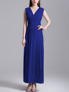 Blue Chiffon Slim Pleated A-Line V Neck Open Back Plus Size Dress for Semi Formal Party Evening