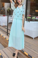 Blue Green Chiffon Seem-Two Printed Band Plus Size Dress for Casual