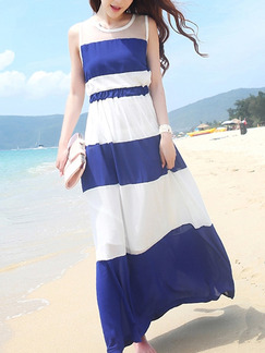 Blue and White Stripe Chiffon Plus Size Adjustable Waist Dress for Casual Beach