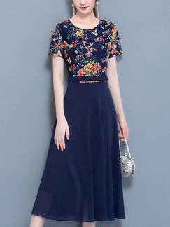 Blue Colorful Plus Size Chiffon Linking Lace Ruffled Printed Floral Dress for Casual Party Evening Office