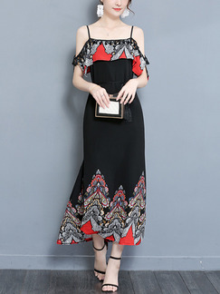 Black Off-Shoulder Tassels Located Printing Furcal Plus Size Dress for Party Evening Semi Formal