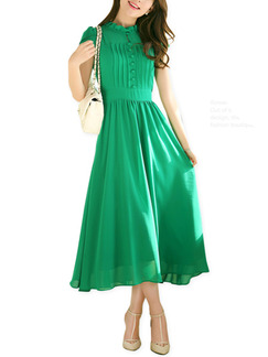 Green Chiffon Slim A-Line Buckled Ruffled Band Plus Size Midi Dress for Casual Party