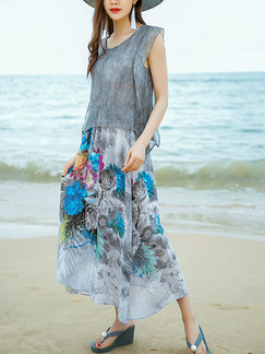 Grey Colorful Chiffon Loose Seem-Two A-Line Linking Contrast Printed Plus Size Dress for Casual Beach
