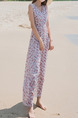 Pink Chiffon Slim Full Skirt V Neck Printed Plus Size Dress for Casual Beach
