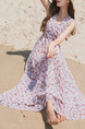 Pink Chiffon Slim Full Skirt V Neck Printed Plus Size Dress for Casual Beach
