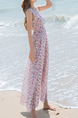 Pink Chiffon Slim Full Skirt V Neck Printed Plus Size Dress for Casual Beach