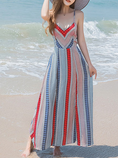 Colorful Chiffon Slim Full Skirt Open Back Band Printed Furcal Slip Plus Size Dress for Casual Beach