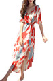 Red Colorful Chiffon V Neck Loose A-Line Furcal Ruffled Printed Dress for Casual Beach