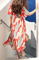 Red Colorful Chiffon V Neck Loose A-Line Furcal Ruffled Printed Dress for Casual Beach