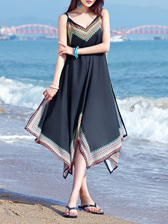 Black Chinese Open Back Loose Located Printing Asymmetrical Hem V Neck Slip Dress for Casual Beach