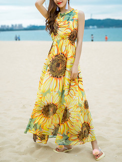 Yellow Chiffon Slim Full Skirt Stand Collar Band Printed Floral Plus Size Dress for Casual Beach