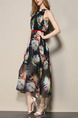 Black Colorful Chiffon Loose A-Line Open Back Printed Band Plus Size Floral Dress for Casual Party Beach