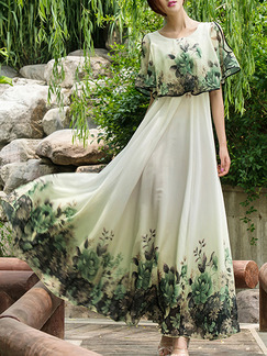 White and Green Chiffon Loose Plus Size Seem-Two Off-Shoulder Located Printing Maxi Dress for Casual Beach