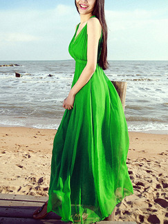Green Chiffon Slim Full Skirt V Neck Adjustable Waist Band Dress for Casual Beach