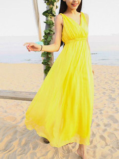 Yellow Chiffon Slim Full Skirt V Neck Adjustable Waist Band Cute Dress for Casual Beach