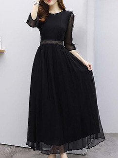 Black Chiffon Slim A-Line Furcal Plus Size Ruffled See-Through Dress for Casual Evening Office