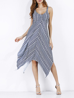 Blue and White Slim A-Line Open Back Asymmetrical Hem Printed Plus Size Midi Dress for Casual Party Evening