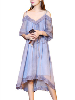 Purple Chiffon Loose A-Line Plus Size Linking Laced Asymmetrical Hem Band Dress for Casual Party