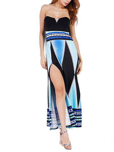 Blue White and Black Knitted Strapless Slim A-Line Furcal Plus Size Maxi Dress for Cocktail Evening