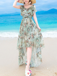 Green Slim Full Skirt Ruffled Asymmetrical Hem Printed Open Back Plus Size Dress for Casual Beach