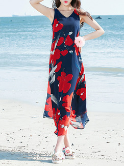 Blue and Red Chiffon Loose V Neck Band Printed Plus Size Midi Dress for Casual Beach