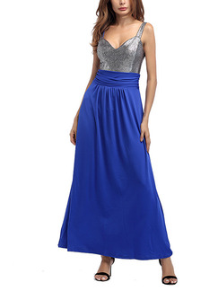 Silver and Blue Knitted Slim A-Line Contrast Linking Open Back Staming Plus Size Maxi Dress for Ball Prom Cocktail