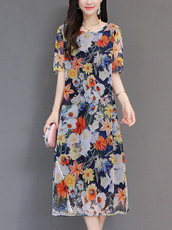 Colorful Chiffon Plus Size Loose Printed Midi Floral Dress for Casual Party Evening Office