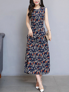 Blue Chiffon Slim Full Skirt Furcal Printed Floral Plus Size Dress for Casual Party Office