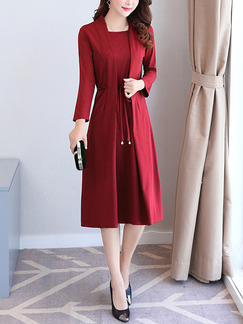 Red Seem-Two Plus Size Slim Band Long Sleeve Dress for Casual Office Evening