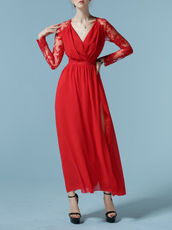 Red Chiffon Slim Full Skirt V Neck Lace Linking Furcal Plus Size Long Sleeve Dress for Office Evening Semi Formal