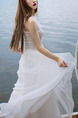 White Chiffon Slim Full Skirt Open Back Band Plus Size Dress for Casual Beach