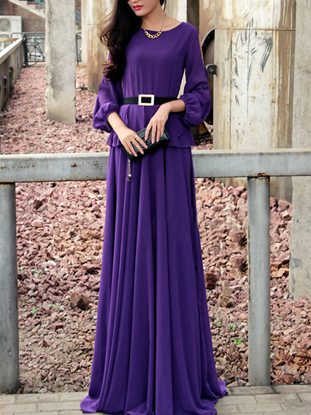 Purple Chiffon Slim Full Skirt Off-Shoulder Ruffled Plus Size Long Sleeve Dress for Semi Formal Evening