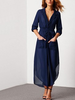 Blue Chiffon Loose Shirt Asymmetrical Hem Adjustable Waist Band Midi Long Sleeve Dress for Casual