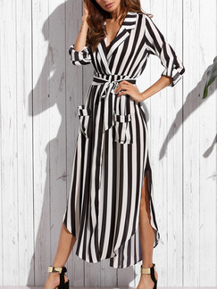 Black and White Chiffon Loose Shirt Asymmetrical Hem Adjustable Waist Band  Stripe Midi Long Sleeve Dress for Casual