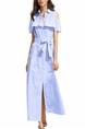 Blue Loose Shirt Off-Shoulder Ruffled Stripe Band Plus Size Dress for Casual
