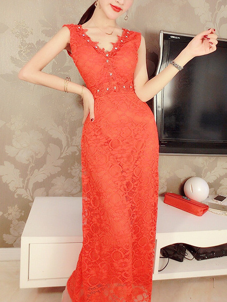 Red Lace V Neck Bead Slim Dress for Casual Party Evening
