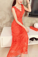 Red Lace V Neck Bead Slim Dress for Casual Party Evening