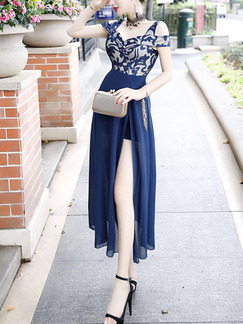 Blue Slim V Neck Off-Shoulder Printed Linking Furcal Dress for Cocktail Prom Ball