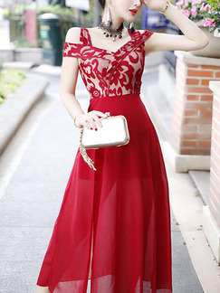 Red Slim V Neck Off-Shoulder Printed Linking Furcal Dress for Cocktail Prom Ball