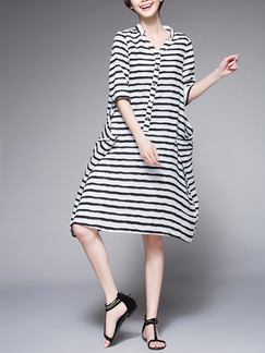 Black and White Loose Shirt Placket Front Stripe Knee Length Dress for Casual