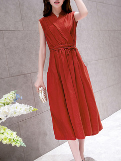 Red Plus Size Slim V Neck Drawstring Midi Dress for Casual Party