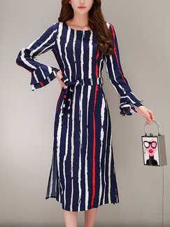 White Blue and Red Loose Plus Size Stripe Furcal Flare Sleeve Band Long Sleeve Dress for Casual Office Evening