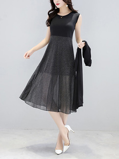 Black Plus Size Slim Two-Piece Furcal Shiner See-Through Linking Midi Long Sleeve Dress for Casual Party Evening Office