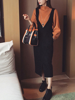 Orange and Black Slim Two-Piece Knitted Bubble Sleeve Contrast Furcal Long Sleeve Midi Dress for Casual Office Evening