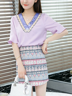 Purple Colorful Chiffon Printed Two-Piece Flare Sleeve Plus Size V Neck Above Knee Dress for Casual Party